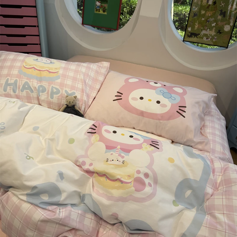 易安阁ins卡通大版数码粉色格子四件套全棉纯棉1.5m1.8米三件套