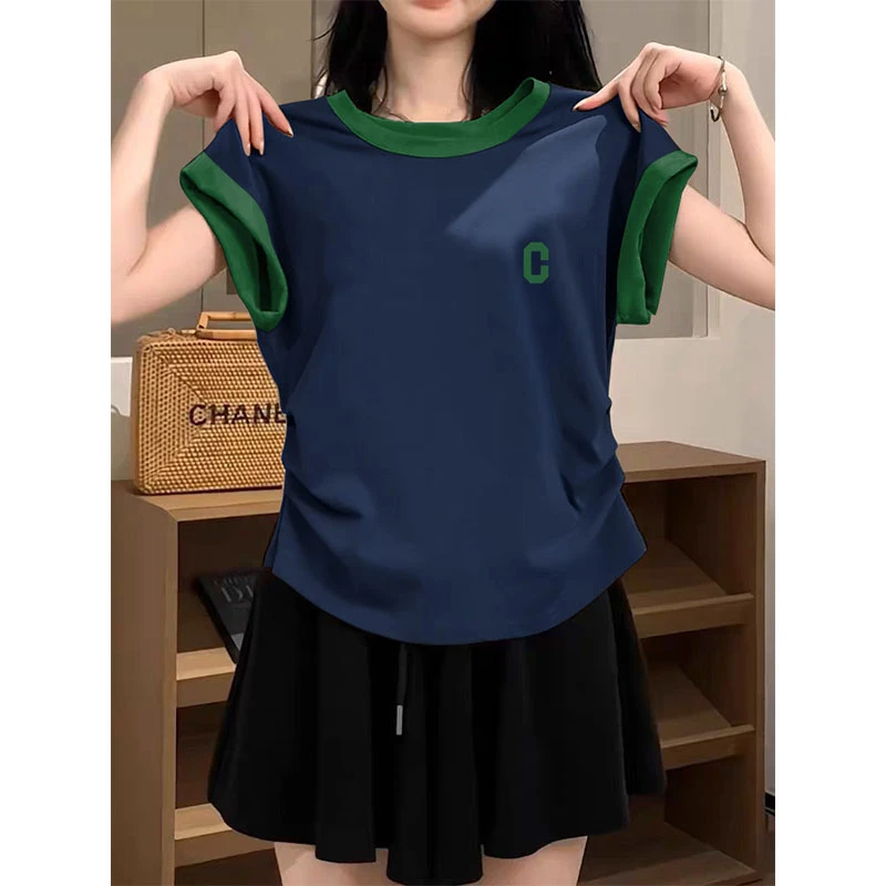2025夏季爆款撞色小飞袖褶皱收腰正肩短袖t恤女修身显瘦洋气上衣
