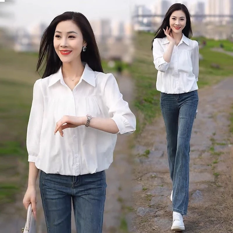 七分衬衫衬衣2025春夏新款遮肚子显瘦时尚宽松休闲气质洋气衬衫