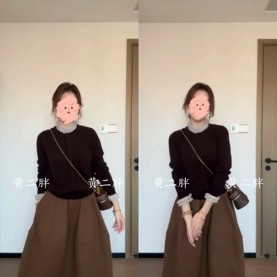 法式木耳领花边长袖针织开衫女秋季新款气质温柔风软糯毛衣半身裙