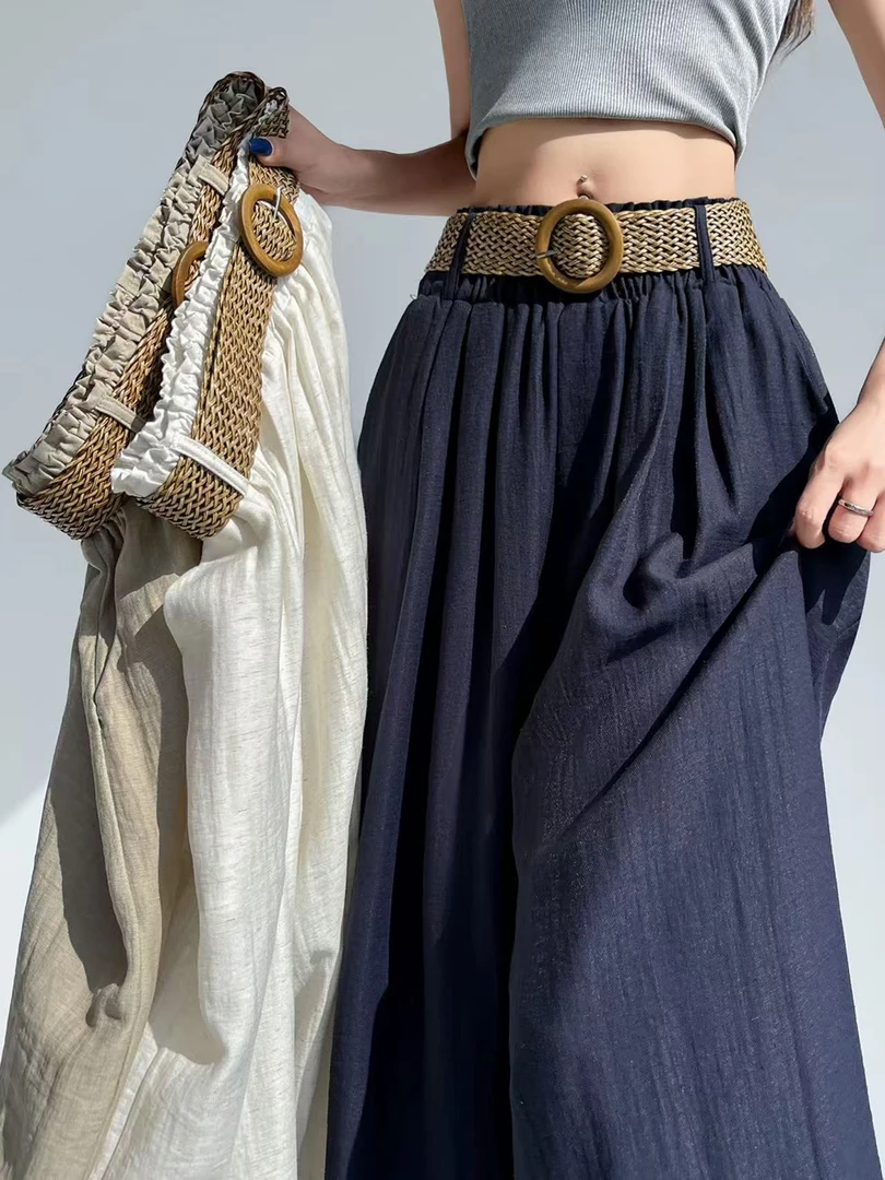 【送腰带+全包边】新款麻感阔腿裤夏季显瘦高腰薄款复古女长裤