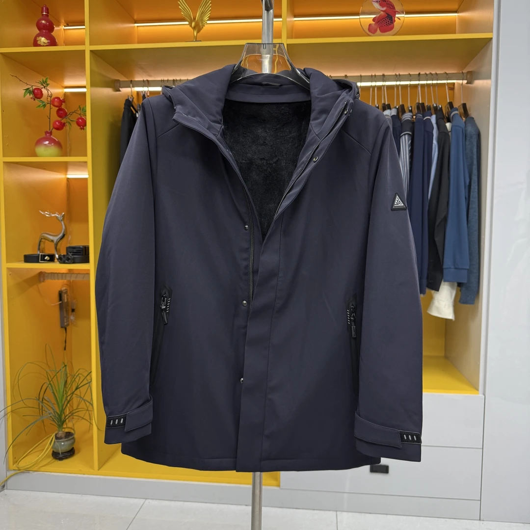 W906男士商务休闲连帽派克服可拆卸獭兔毛皮内胆保暖风衣夹克