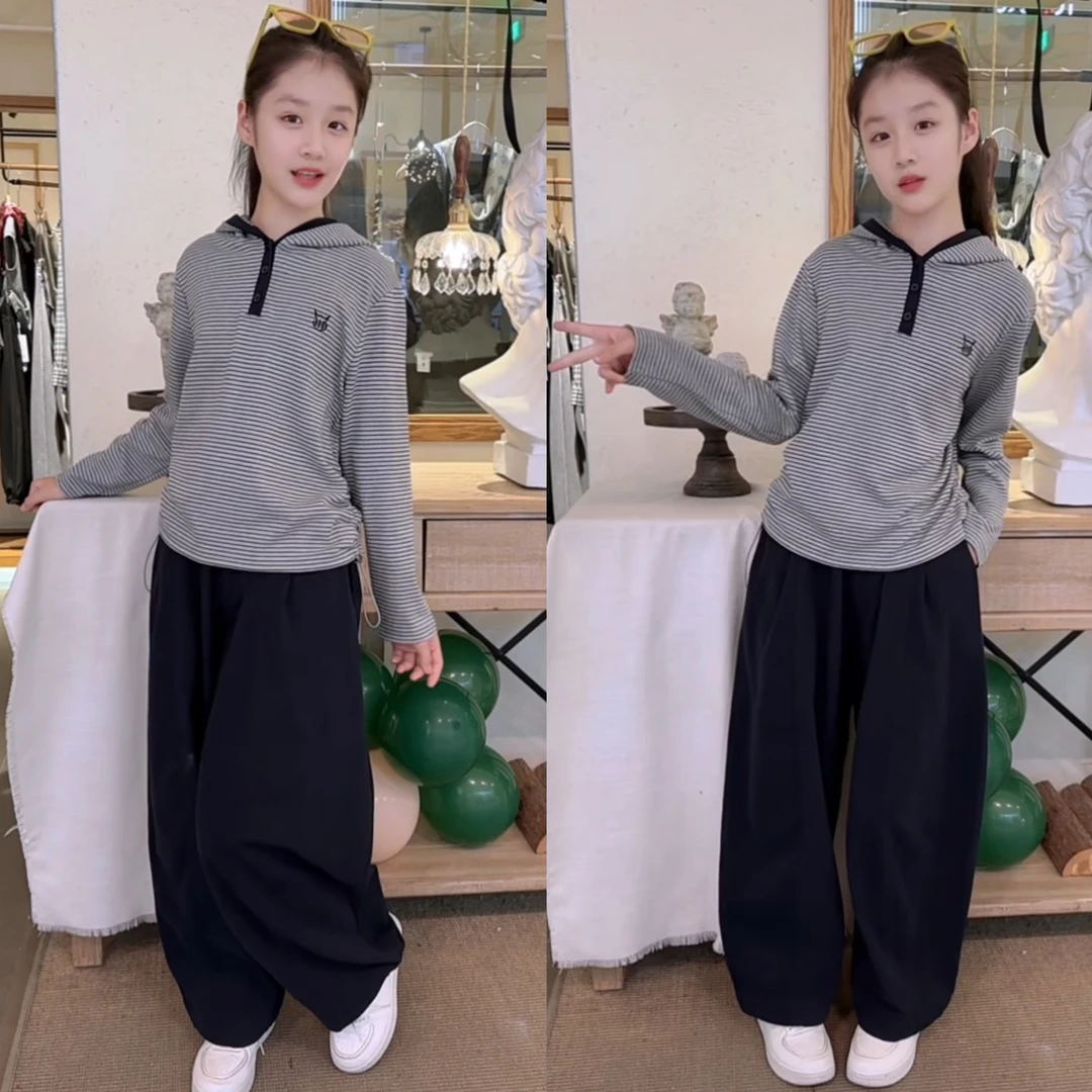 女童春秋新款休闲潮酷条纹刺绣帽衫韩系棉布工装裤套装2025中大童