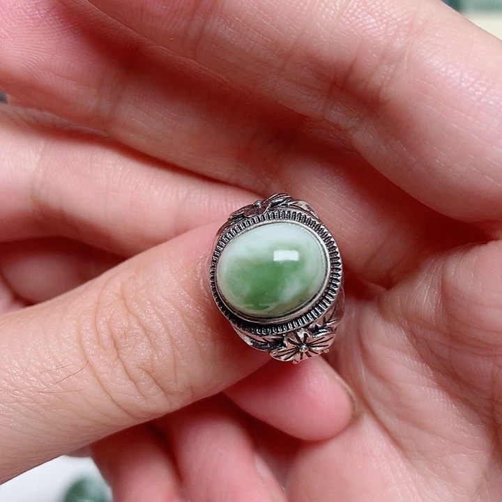 透闪石-蛇纹石玉银S925镶嵌戒指