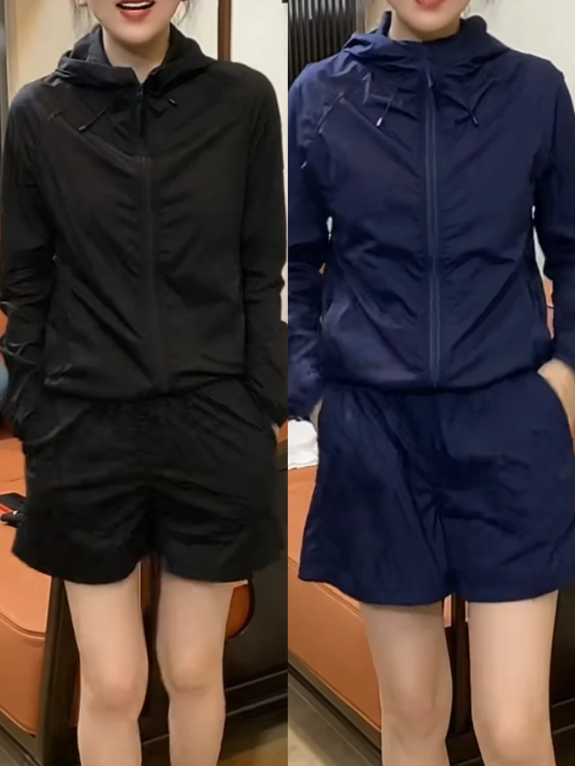 女森说夏季薄款休闲轻薄套装时尚透气连帽长袖短裤防晒运动两件套