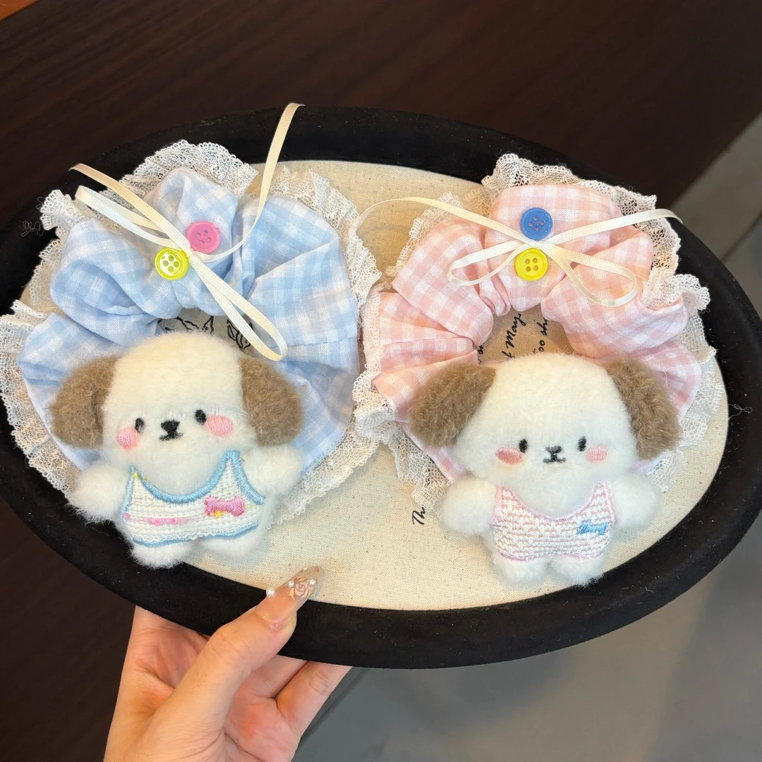 蓝粉色小狗蕾丝花边蝴蝶结发圈甜美可爱ins风大肠发圈韩系小清新