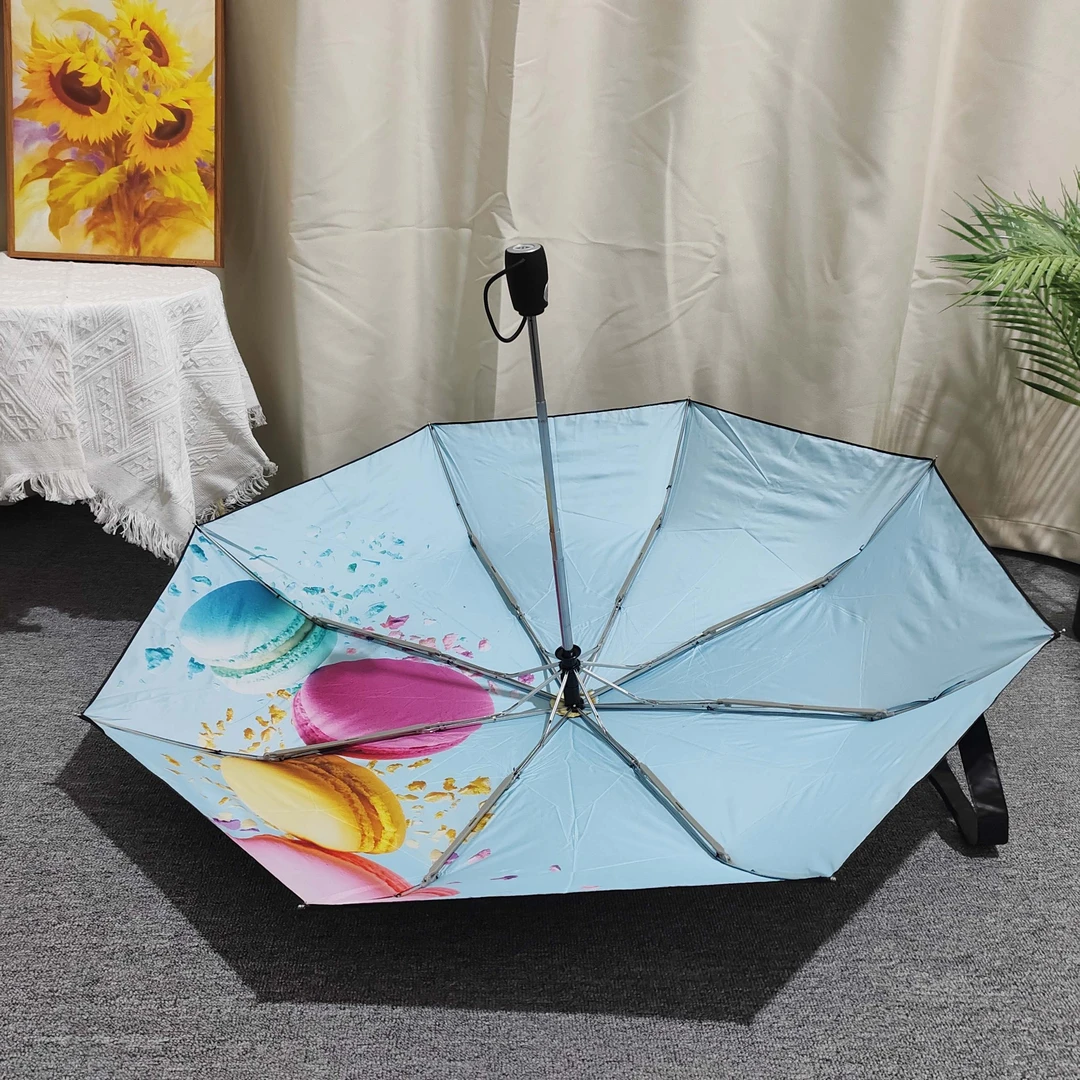 清新可爱马卡龙三折全自动黑胶防嗮晴雨伞纯黑简约质感学生大伞面