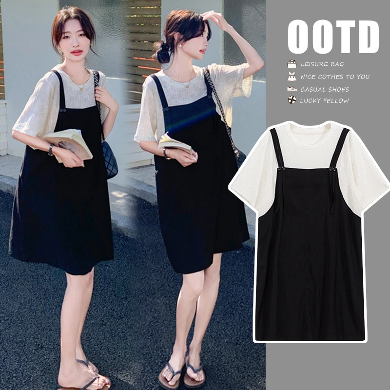 2025新款孕妇夏季设计感拼接假两件气质T恤裙韩版宽松显瘦连衣裙