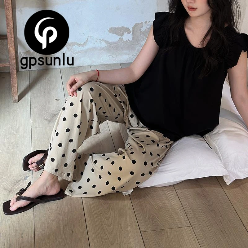GPSUNLU新款甜美小众睡衣女夏季黑色无袖薄款波点阔腿裤家居服