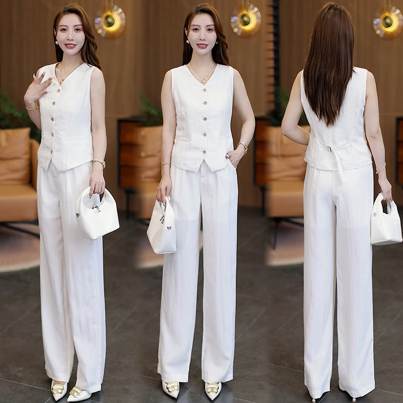 时尚洋气套装女夏季新款设计感显瘦马甲背心+高腰直筒阔腿裤件套