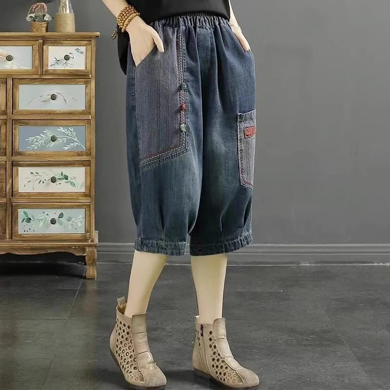 夏天复古刺绣盘扣牛仔六分裤女夏季松紧新款贴布水洗大码哈伦中裤