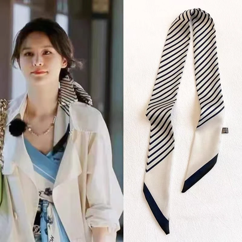 细窄长条小丝巾女春夏韩版百搭黑色条纹绑发绑包装饰领巾发带飘带