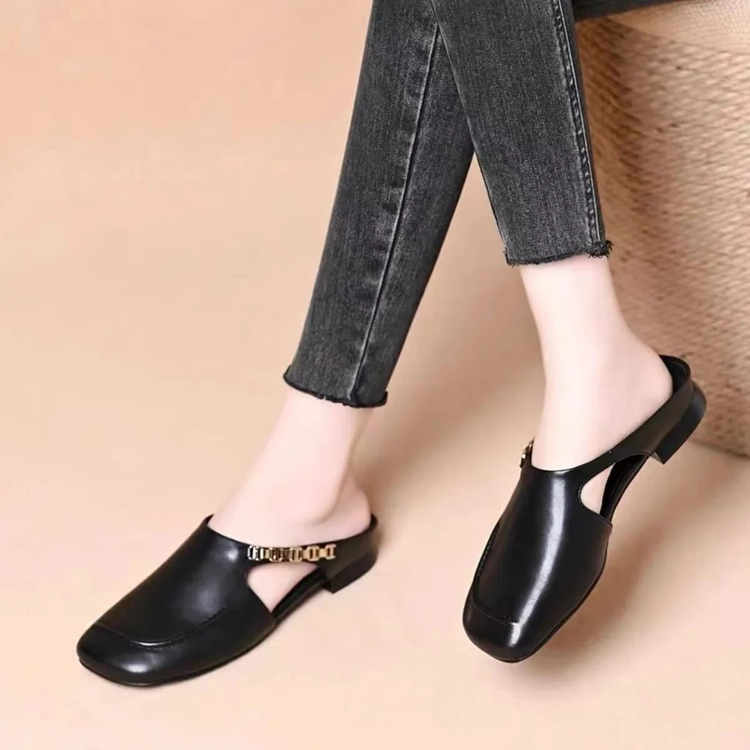 【真皮撤柜】百搭方头半拖鞋女夏季懒人平底一脚蹬凉拖鞋5221