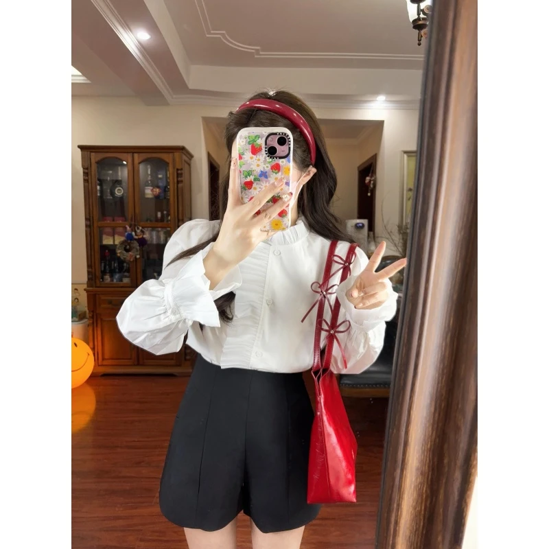 MARIE.COCO法式宫廷风拼接白衬衫女复古风高腰显瘦休闲短裤两件套