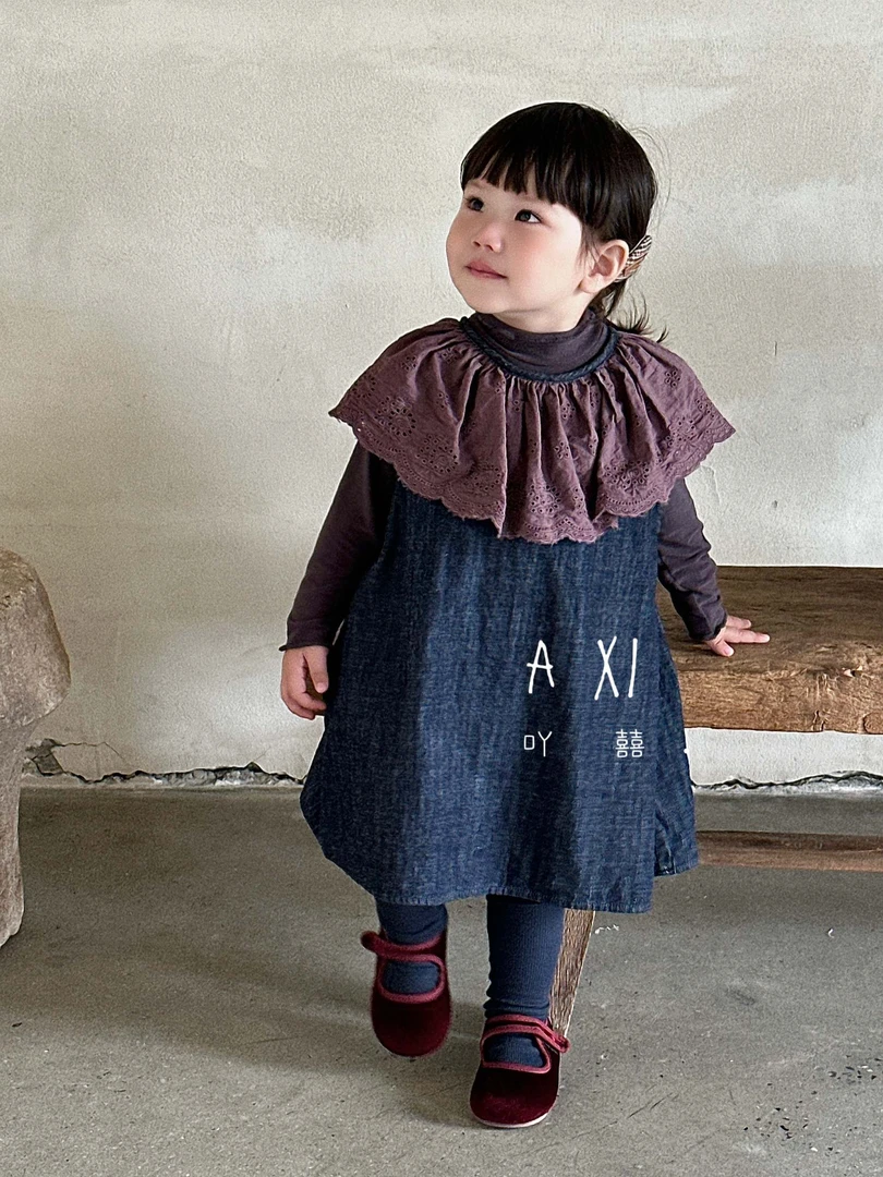 儿童复古日韩系牛仔娃娃领裙子