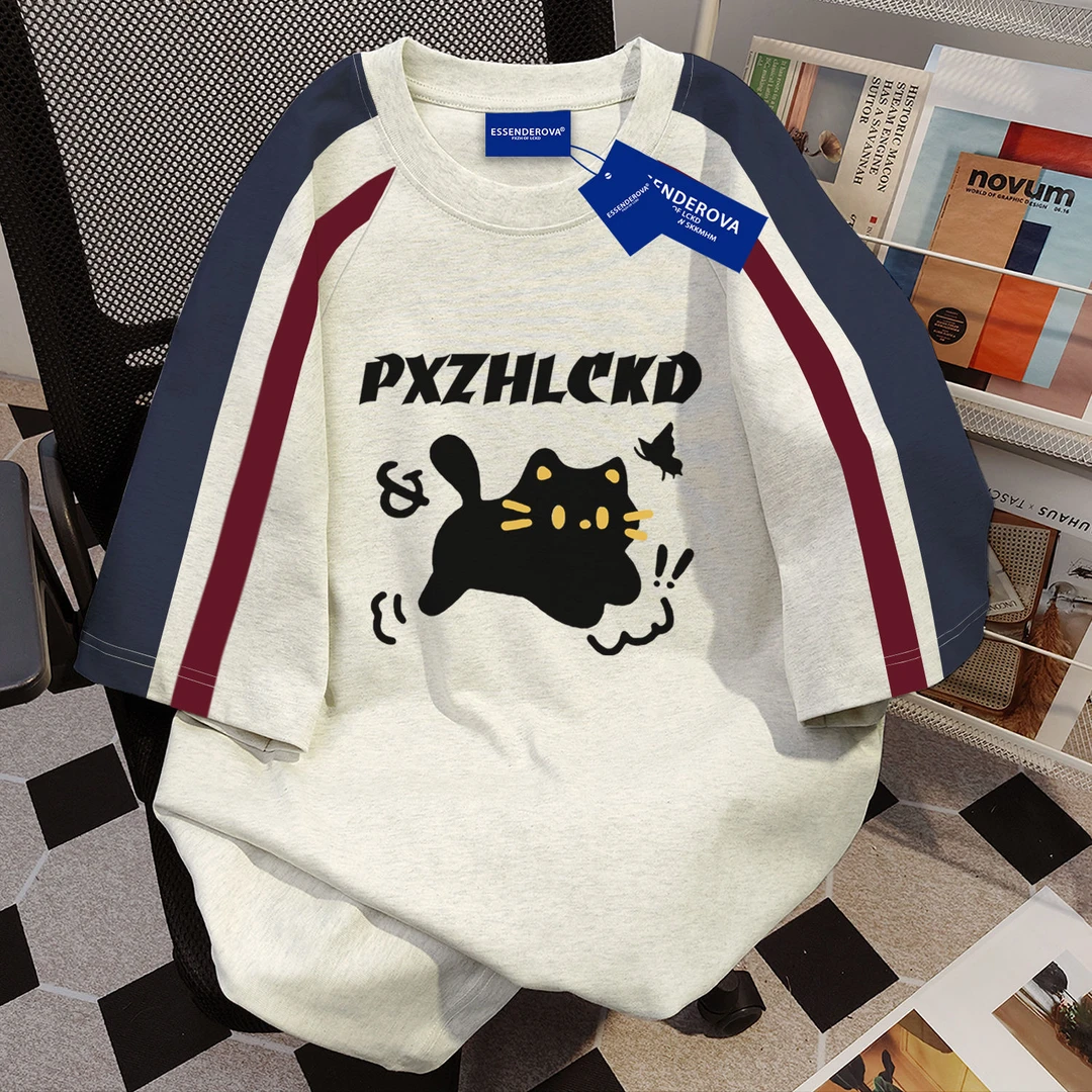 100%纯棉ins小众设计感印花圆领短袖t恤女夏季宽松学生慵懒风上衣