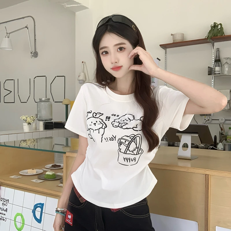 大码胖mm夏韩版正肩圆领短袖T恤印花上衣显瘦百搭休闲收腰女5862