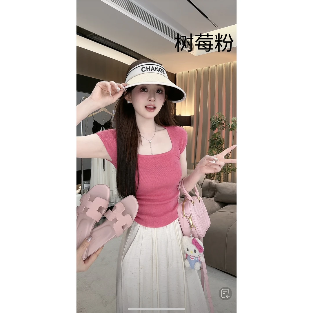 【大潘优品】C4ZZS4080A时尚百搭短袖纯色针织衫女莫奈花园风