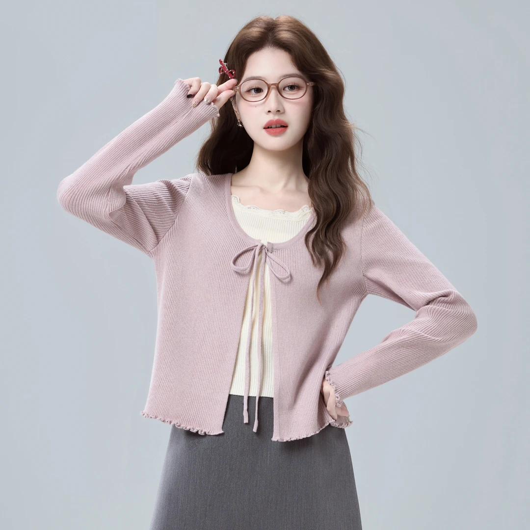 甜美假两件紫色长袖针织衫女2025秋季设计感撞色拼接短款系带上衣