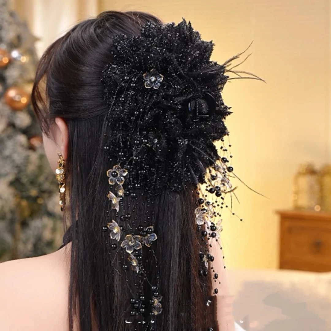 秋冬花朵羽毛流苏抓夹女发夹后脑勺显发量多鲨鱼夹发卡头花发饰品