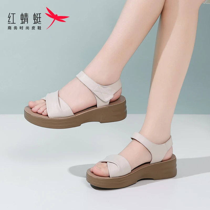 红蜻蜓时尚百搭夏季甜美仙女风外穿软底透气魔术贴圆头时装凉鞋