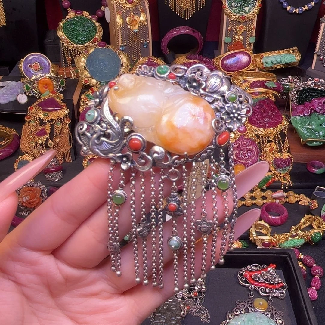 翡翠银S925镀金镶嵌颈饰