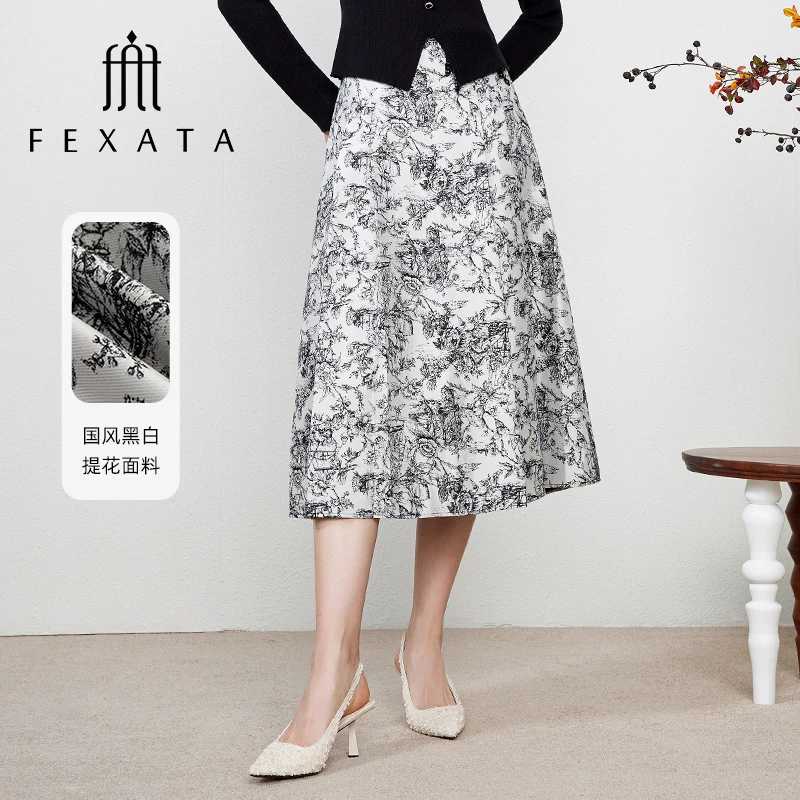 FEXATA斐格思2025春季新款时髦新中式盘扣水墨画提花马面裙半身裙