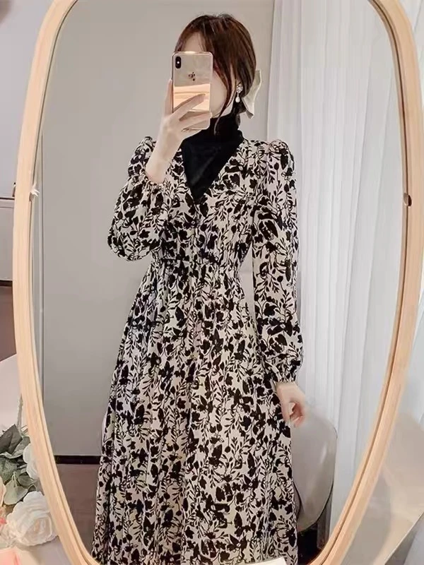 L 5006秋款气质轻奢时尚优雅假两件洋气收腰款连衣裙