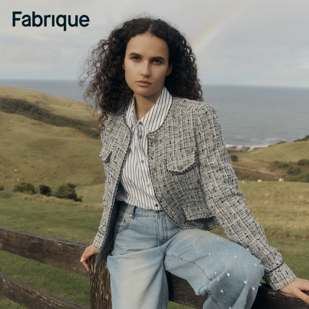 Fabrique Deauville 秋冬新品杜维尔法式圆领修身粗花呢夹克外套