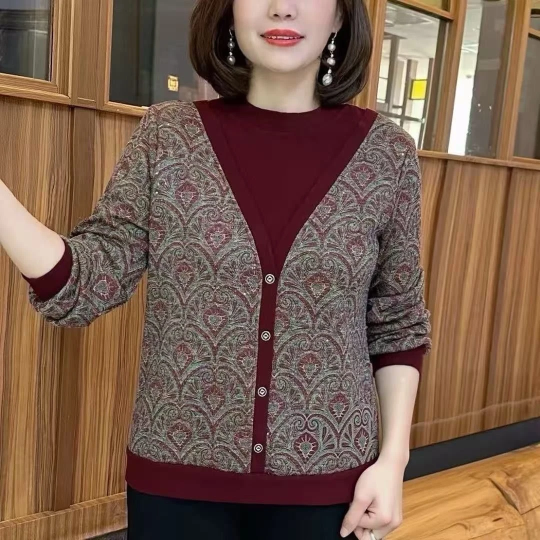 2025秋冬款双面德绒中老年妈妈装印花女洋气内搭大码打底衫上衣