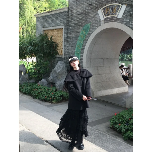 【玛德琳舞会】76956 冬季海军领宽松毛呢黑色白鸭绒羽绒服外套