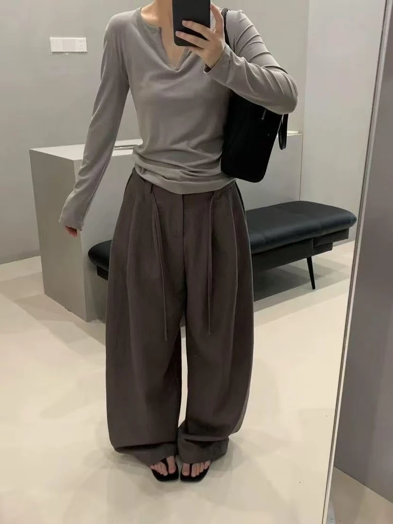 米古古 IU #3753#新 纯色小V气质百搭修身显瘦打底上衣（衣长58）