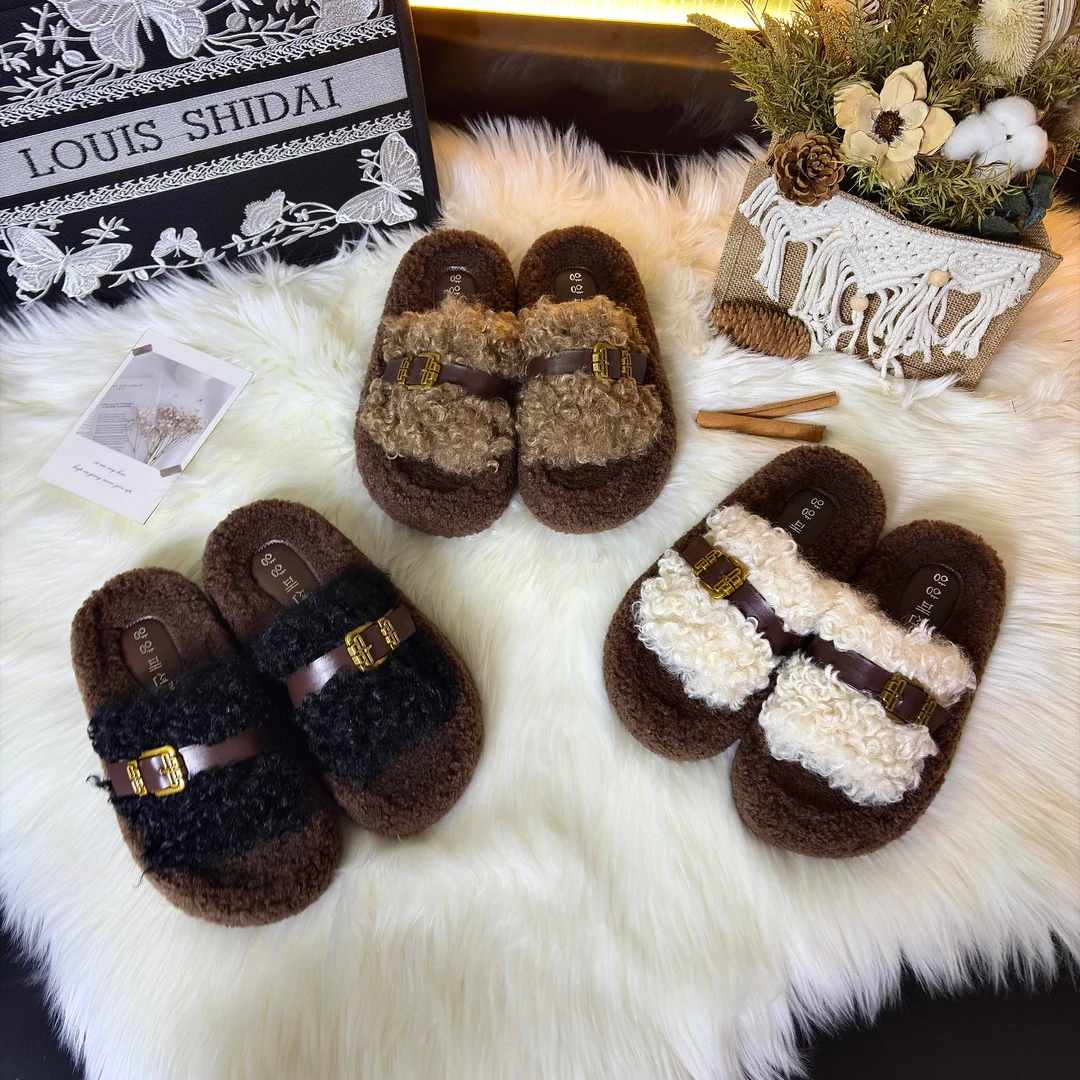 厚底拖鞋女外穿2025新款秋冬季毛茸茸皮带扣网红时尚家居棉拖鞋