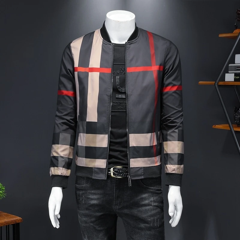 2023年新款男士韩版修身夹克大码潮款棒球领格纹休闲外套潮