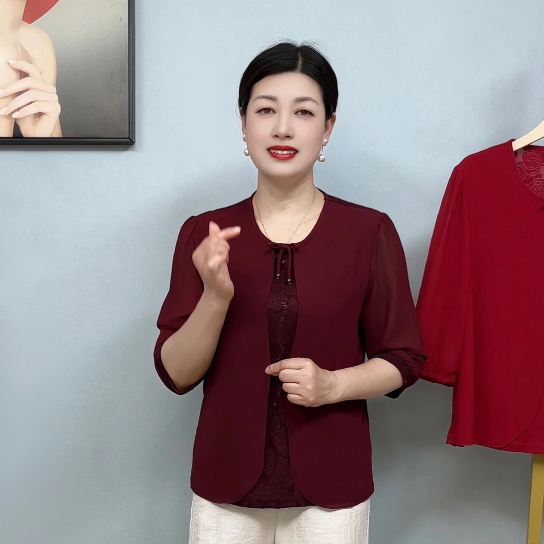 中老年女装妈妈装2025夏季新款中袖假两件衬衫气质百搭洋气显瘦