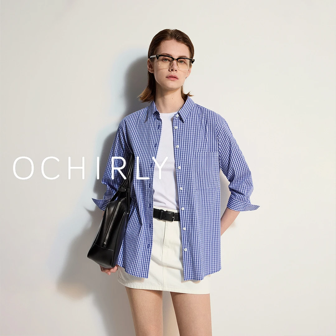 OCHIRLY欧时力 格子衬衫女中长款长袖上衣通勤防晒2025夏季新品