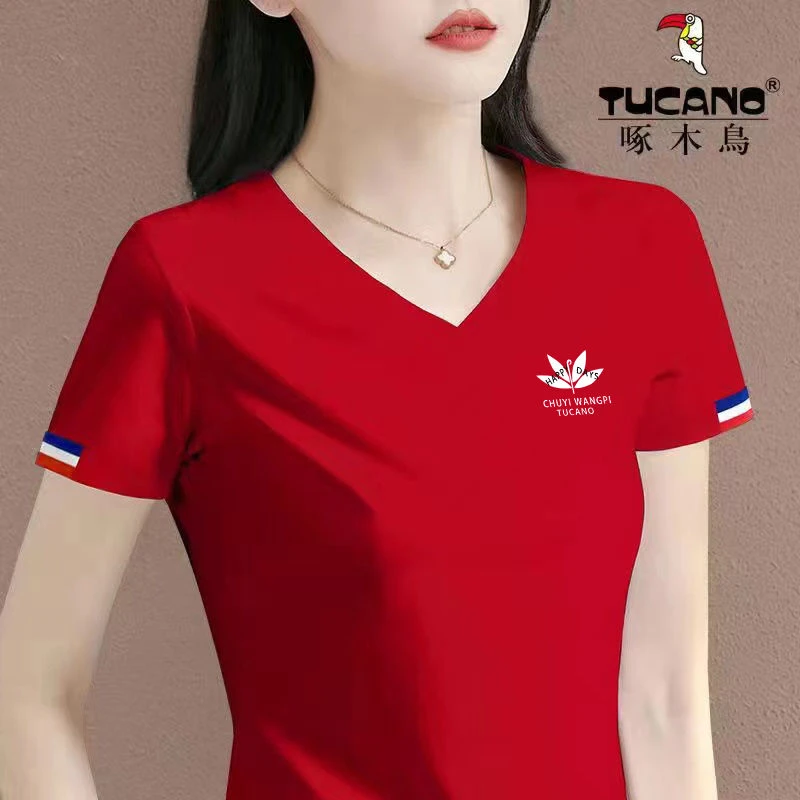 啄木鸟正品2025新款夏季百搭运动V领t恤女休闲显瘦短袖拼色上衣潮