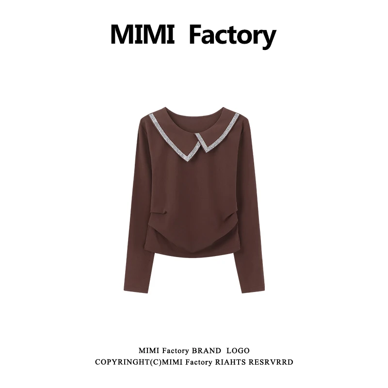 2025新款长袖 不规则翻领烫钻女长袖宽松百搭上衣5955#