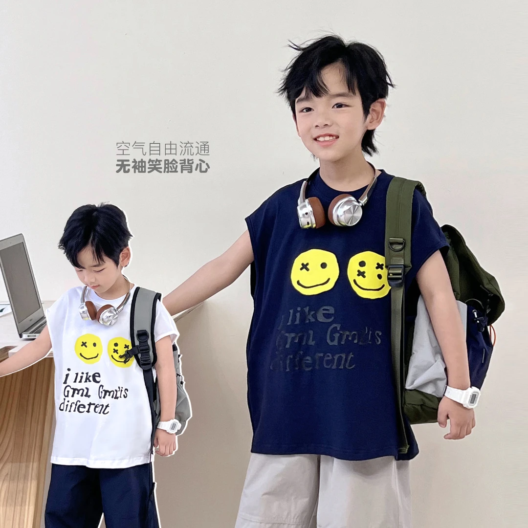 儿童无袖背心笑脸男童薄款坎肩中大童潮牌上衣百搭t恤5058240O4