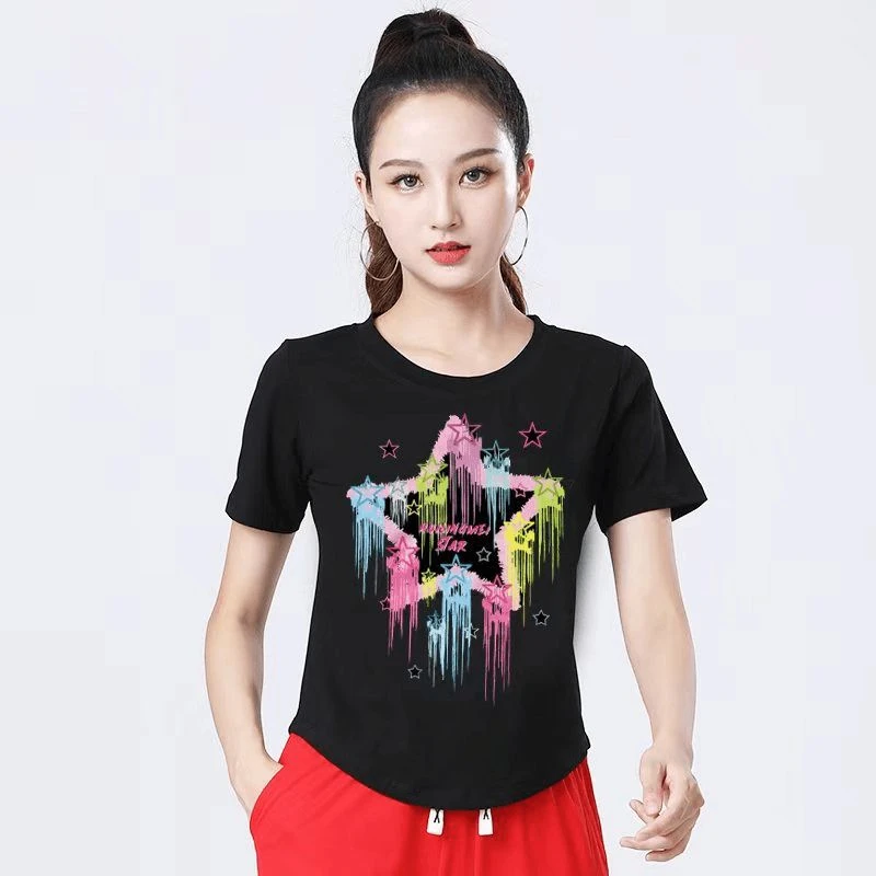 夏季新款广场舞五角星印花黑色圆领T恤时尚潮流修身显瘦短袖上衣