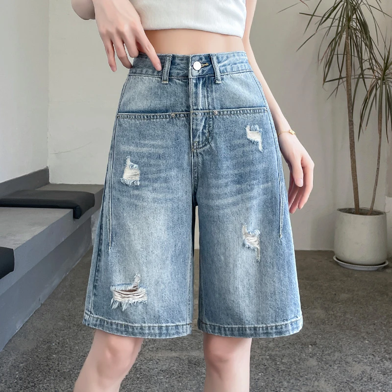 蜜蜜穿搭超火破洞炸街风五分牛仔短裤女2025夏a字小个子阔腿中裤