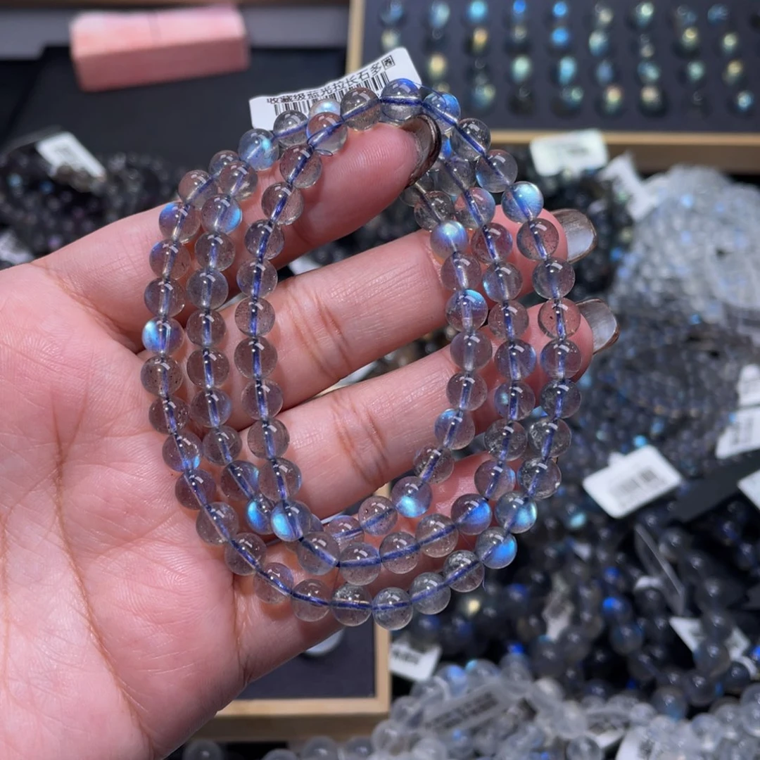拉长石手链未镶嵌H纯蓝光灰月光手链多圈6mm