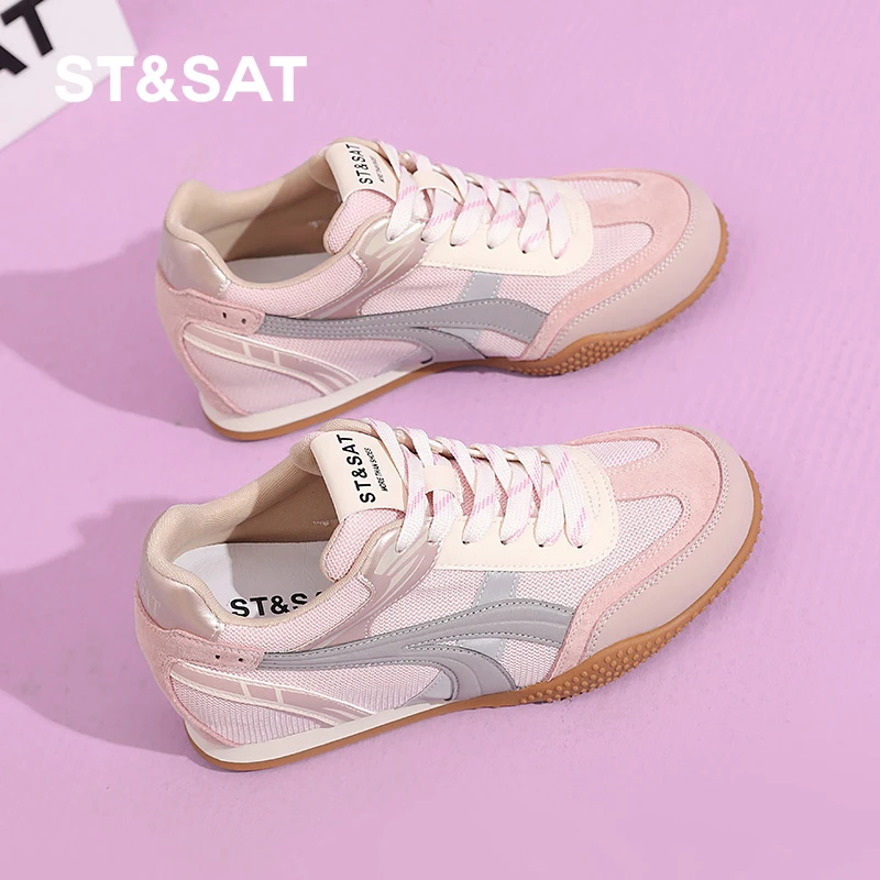 星期六粉色内增高德训鞋女2025新款网面透气休闲运动鞋厚底阿甘鞋
