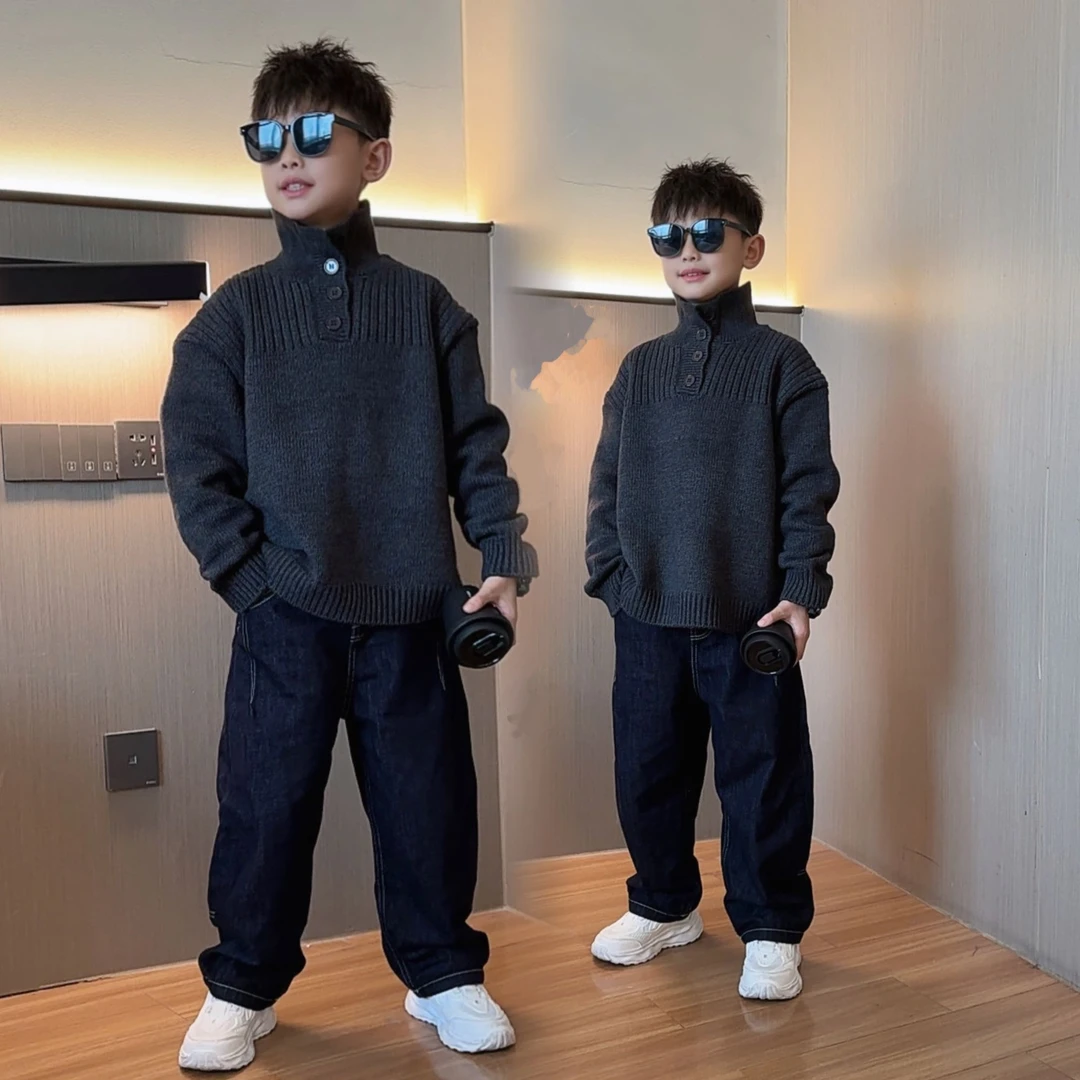 男童新款休闲宽松翻领加厚毛衣中大童儿童扣子学院风针织衫毛衣