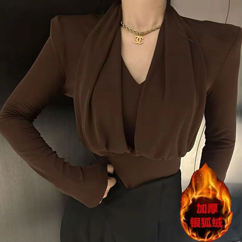 秋冬款加绒加厚修身保暖打底衫女挂脖设计感气质百搭V领长袖t恤女
