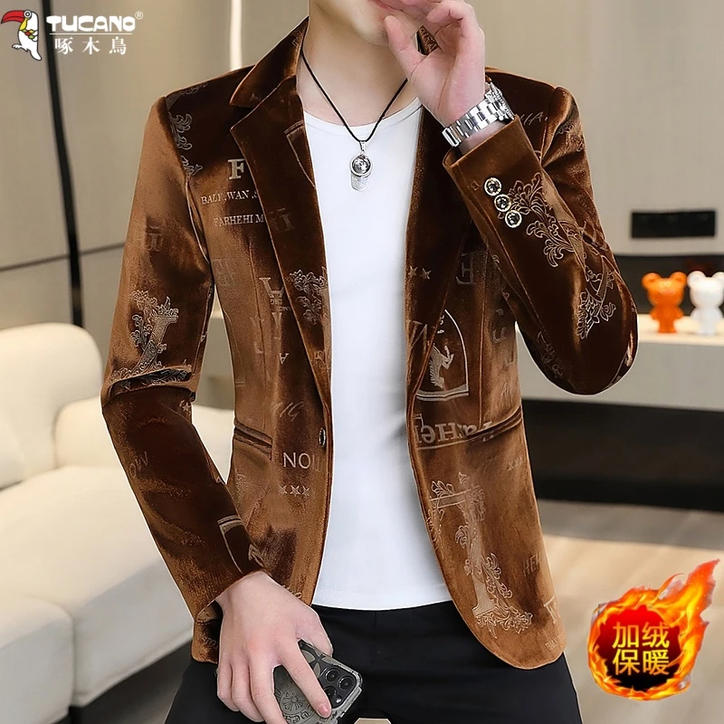 啄木鸟男士金丝绒西服秋冬季个性加绒小西装欧货单西韩版休闲外套