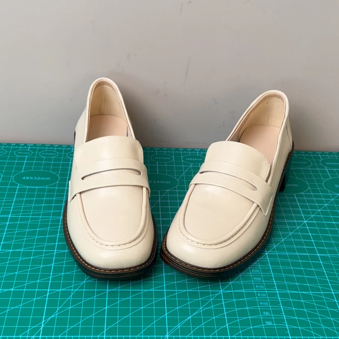 Elingjk/4cm英伦风真皮乐福鞋女圆头套脚一脚蹬小皮鞋气质单鞋休