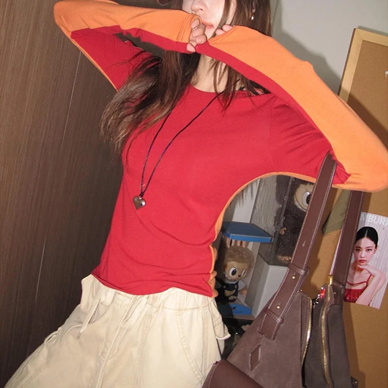 2025秋冬新款设计感双面撞色拼接长袖T恤女修身舒适加绒打底上衣