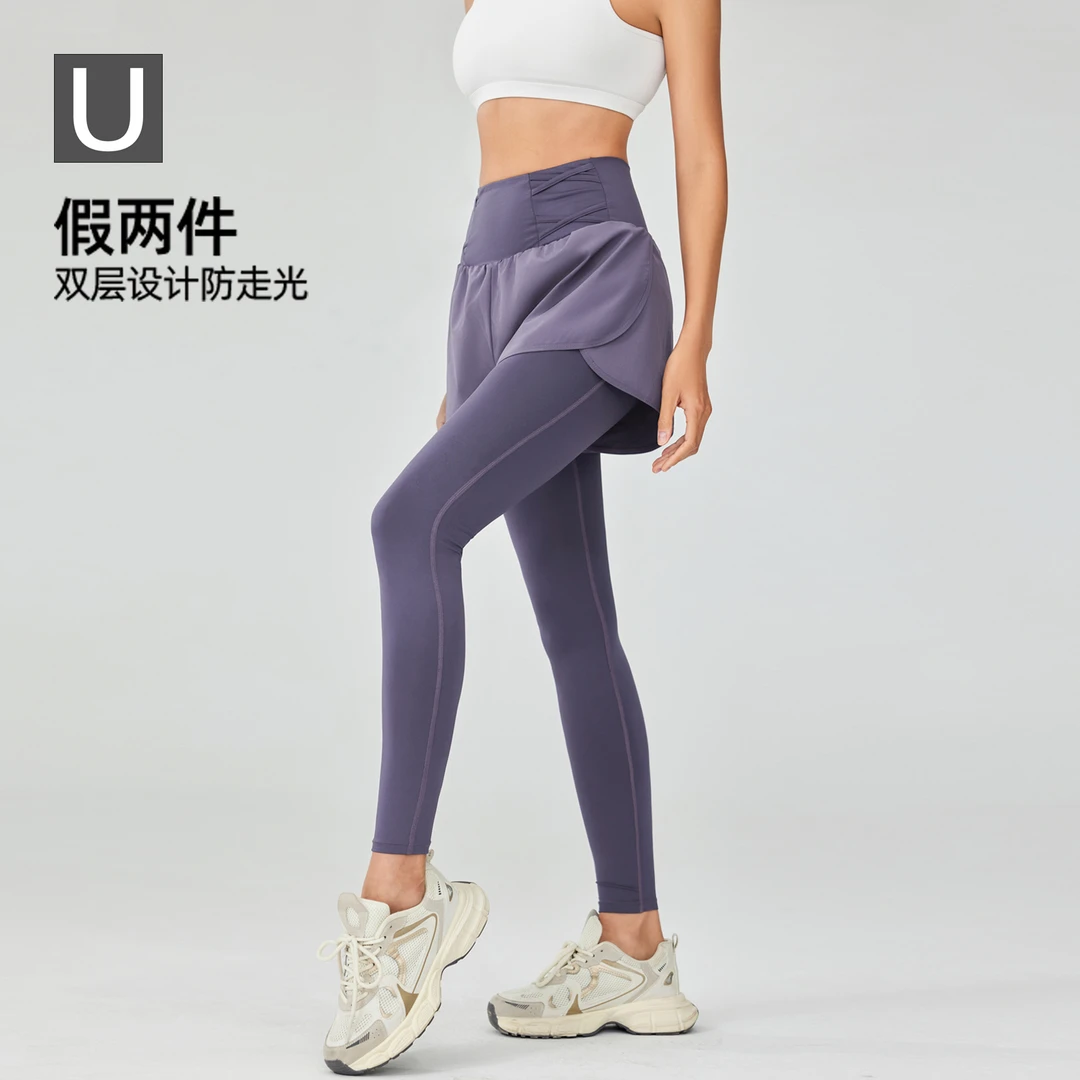 J24305BY假两件健身裤户外跑步高腰晨跑速干弹力瑜伽裤