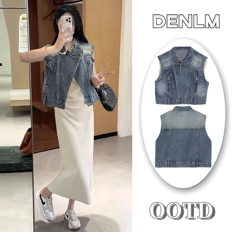 无袖牛仔马甲女外穿2025夏季新款美式复古机车风坎肩背心马夹外套